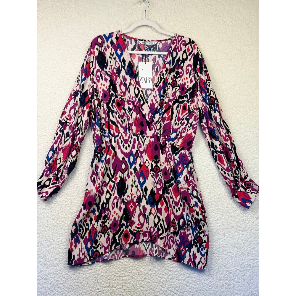 ZARA‎ PRINTED SHIRT DRESS Faux Wrap Long Sleeve Size XLarge NWT